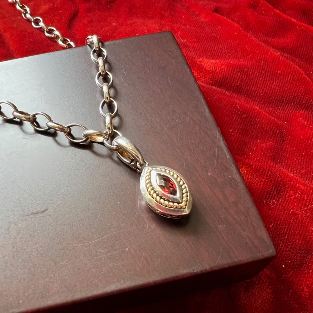 Garnet 925 W/ 18K Accents Italy Pendant W/ 925 Adjustable Italy Rolo 18" Chain